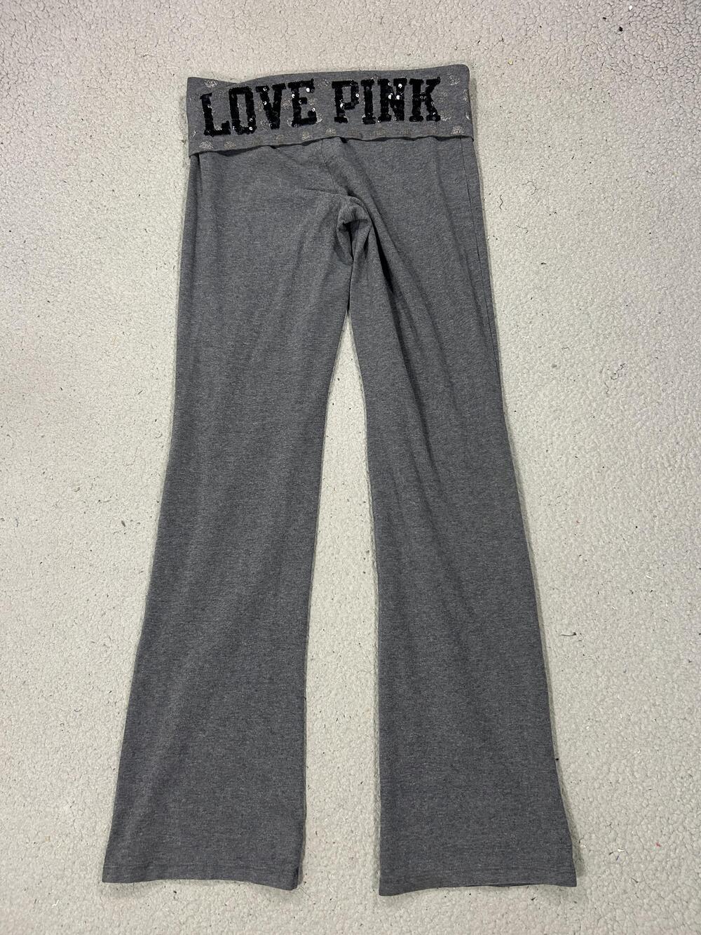 Y2K PINK Victorias Secret Yoga Pants Women Medium Gray Fold Over Love Pink Flare